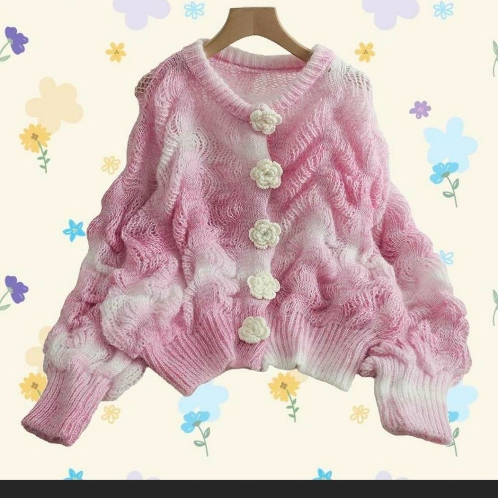 New Pastel Pink Oversized Kawaii Spring Floral Button Up Sweater